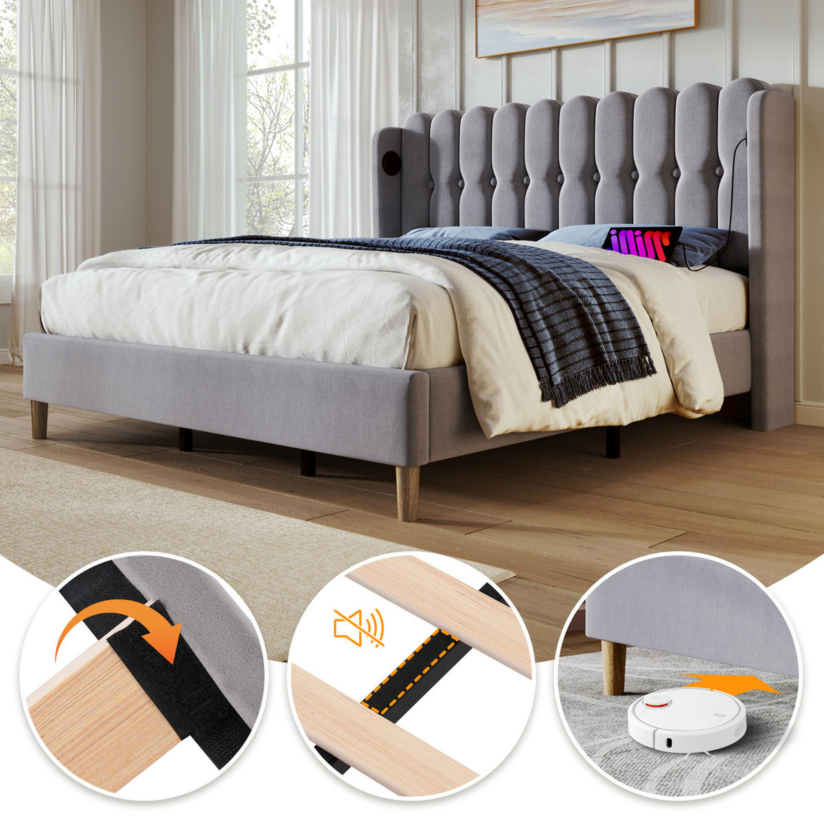 POLSTERBETT 160/200 cm Grau aus Leinen mit USB- und Type-C-Anschlüssen - Grau, Textil (160/200cm) - Flora Grace