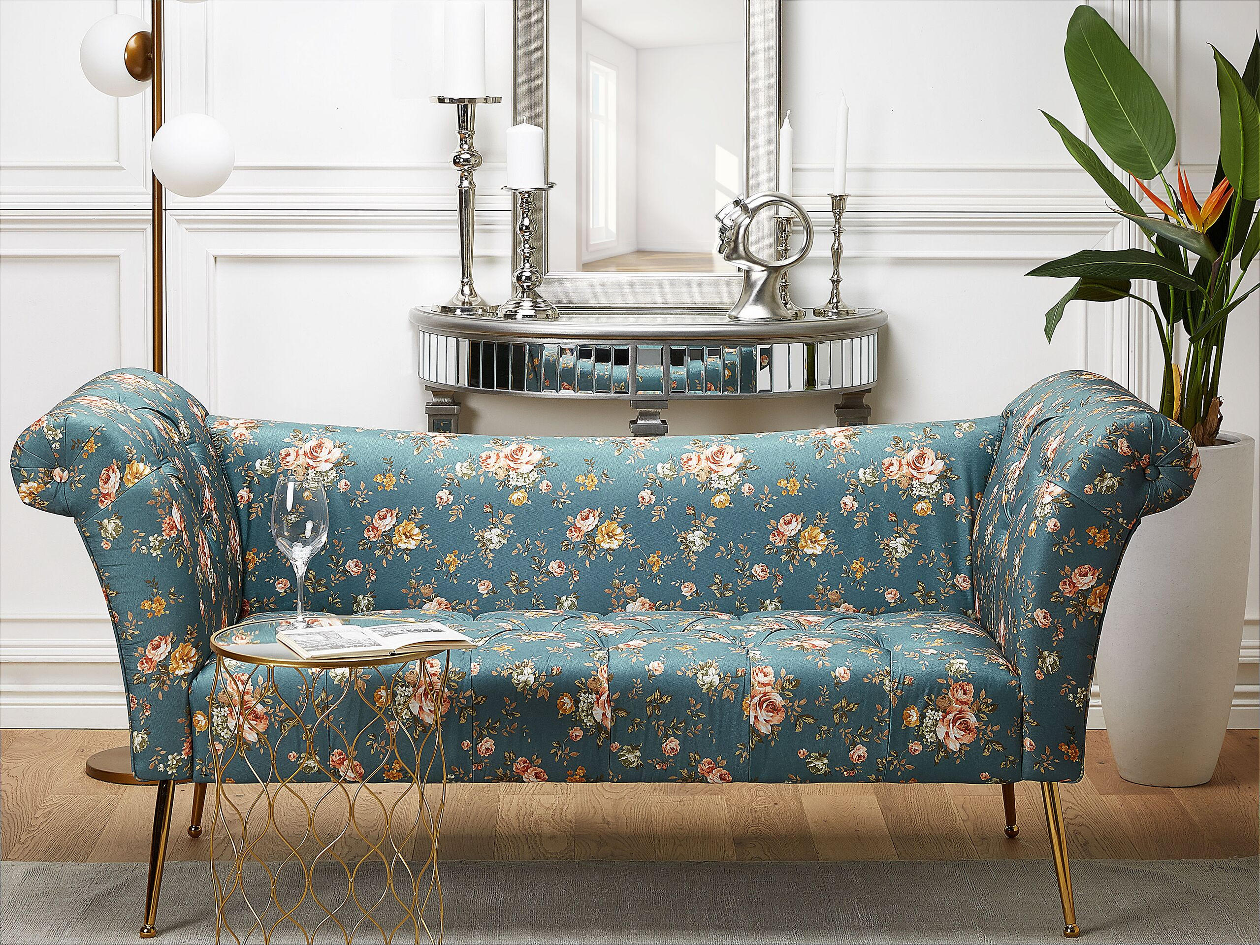 CHAISELONGUE Samtstoff seeblau/gold Blumenmuster Nantilly - Blau/Goldfarben, Textil (175/76/70cm) - Beliani
