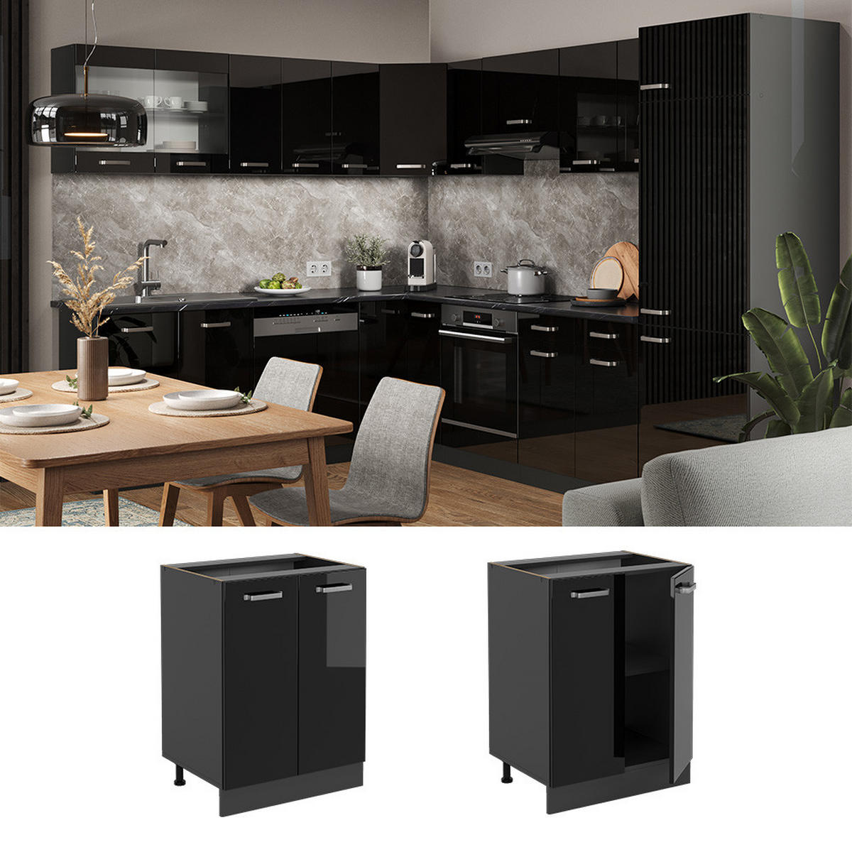 KÜCHENUNTERSCHRANK KÜCHENSCHRANK R-Line Schwarz Hochglanz 60 cm ohne AP - Schwarz Hochglanz/Anthrazit, Holzwerkstoff (60/81.6/46cm) - Vicco
