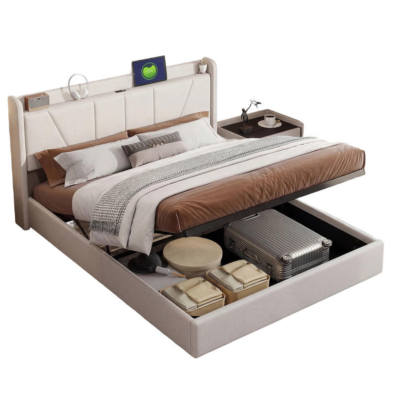 POLSTERBETT 140/200 cm Beige mit Bettkasten und USB-Anschlüssen - Beige, Holz (140/200cm) - SHOPENTRA