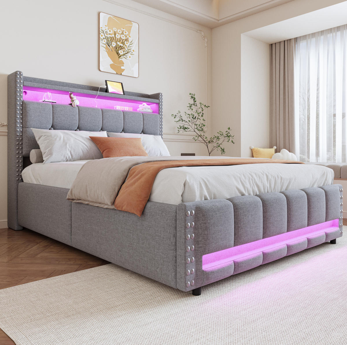 ČALÚNENÁ posteľ 140/200 cm s LED osvetlením, USB portom a hydraulickým úložným priestorom, Svetlosivá - svetlosivá, textil (140/200cm) - Redom