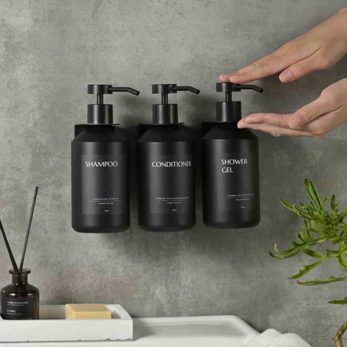SEIFENSPENDER Set Schwarz 3-teilig 500ml Wandmontage Ohne Bohren - Schwarz, Kunststoff (8/23/20cm)
