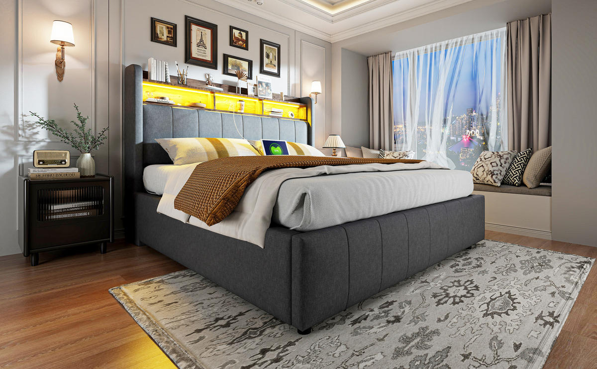 POLSTERBETT 160/200 cm in Grau Leinen mit Stauraum, LED, USB und Type-C - Grau, Holzwerkstoff/Textil (160/200cm) - WISHDOR