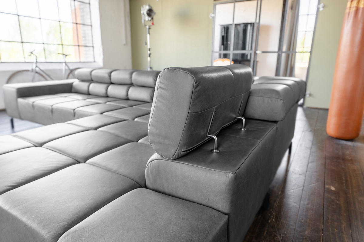 ECKSOFA NELSON Anthrazit Leder - Anthrazit/Schwarz, Leder/Metall (321/216cm) - KAWOLA