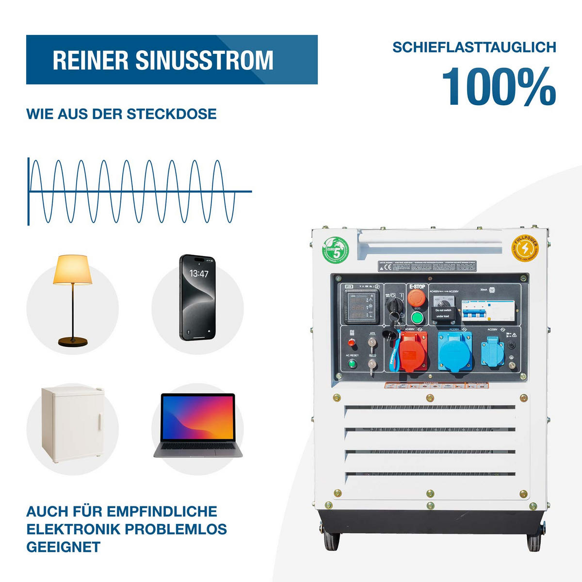 DIESEL Inverter Generator DHY9000SEi-T – 6,5 kW / 8,1 kVA E-START, ATS, 230V & 400V - Weiß, Metall (80/52.5/74cm) - HYUNDAI