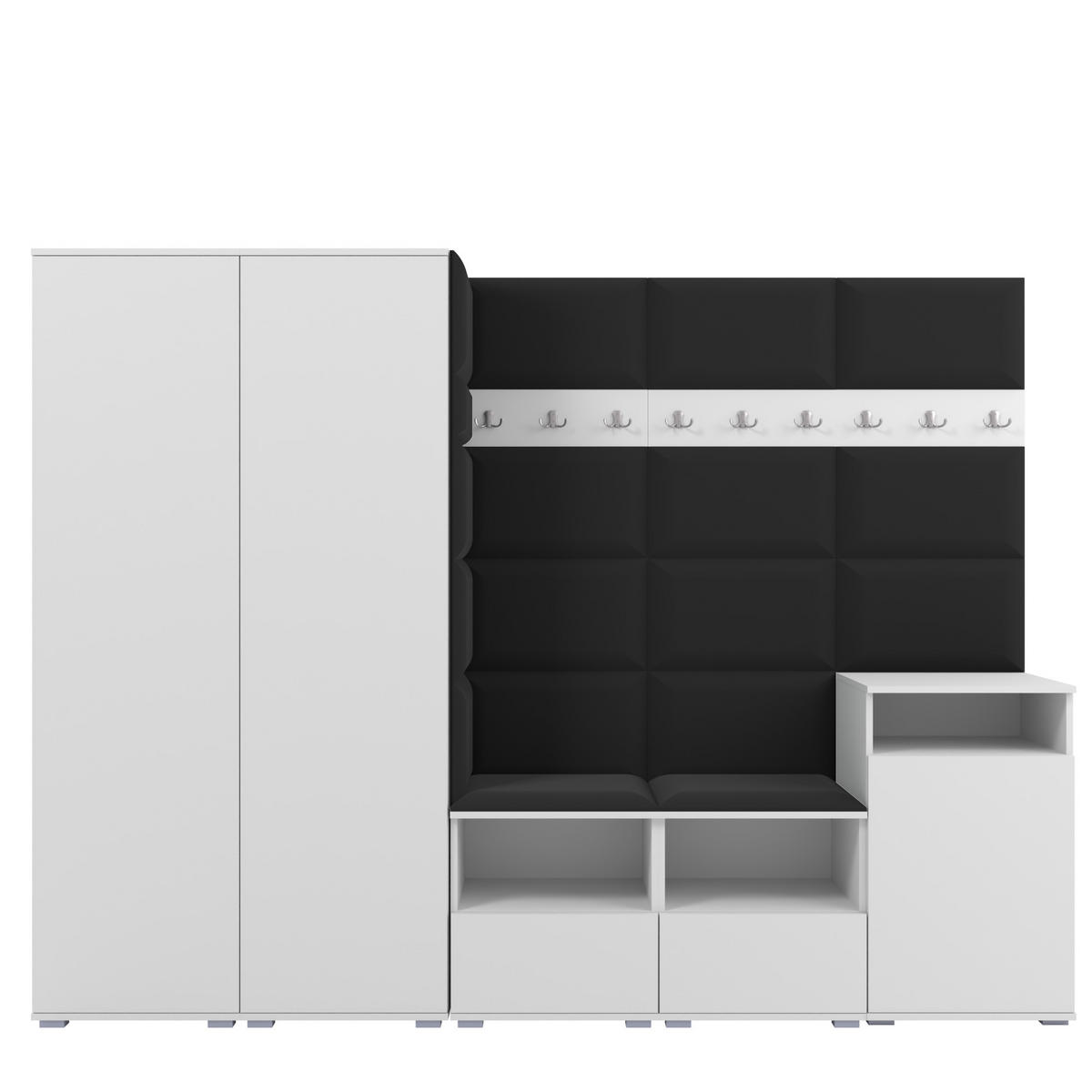 GARDEROBE NELA VIII 250 cm (Modulare Flurmöbel Weiß mit Sitzpolster Schwarz 16 2 Schränke + Sideboard) - Silberfarben/Schwarz, Holz/Holzwerkstoff (250/187/40cm) - Ravio