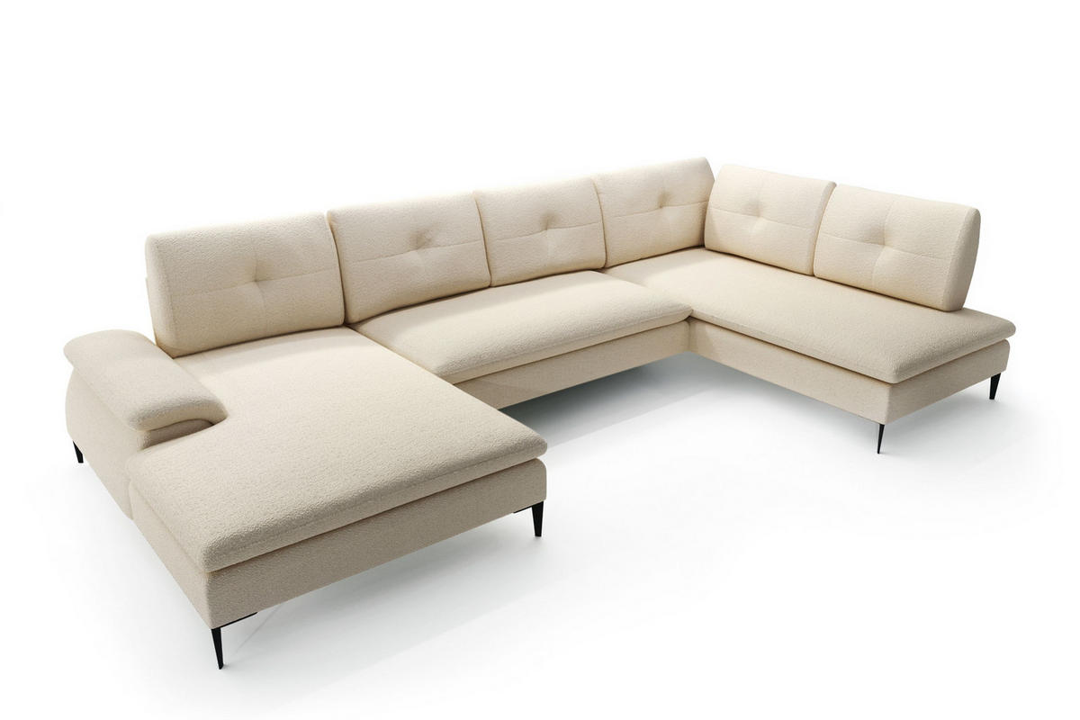 WOHNLANDSCHAFT BREZZA Beige Plüsch-Stoff mit Schlaffunktion - Beige, Holz (350/87/205cm) - MASSENO