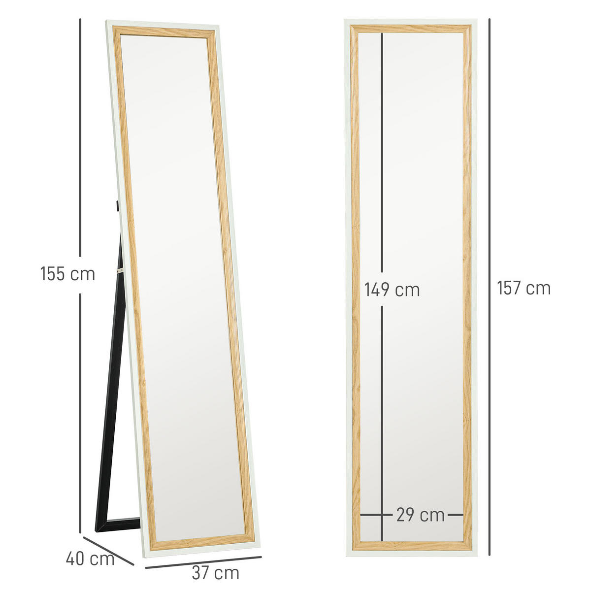 STANDSPIEGEL DE-17923 157x37 cm mit U-fuß & Holzoptik Weiß/Holz - Weiß, Glas (37/157/2.5cm) - ComfortXL