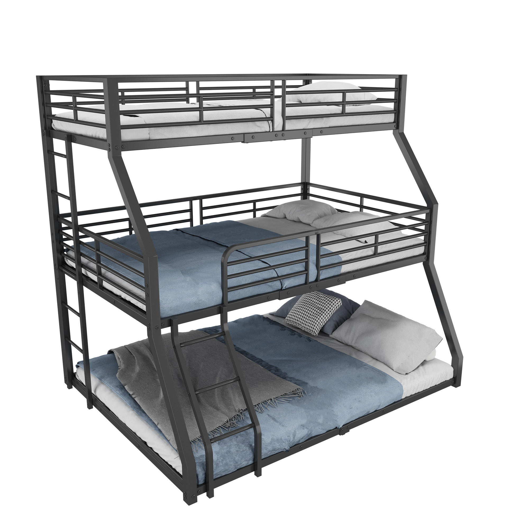 ETAGENBETT aus Metall 90x200 cm Schwarz mit 2 Leitern und Sicherheitsgeländer, platzsparendes Dreifachbett - Schwarz, Metall (90/200cm) - Modfu
