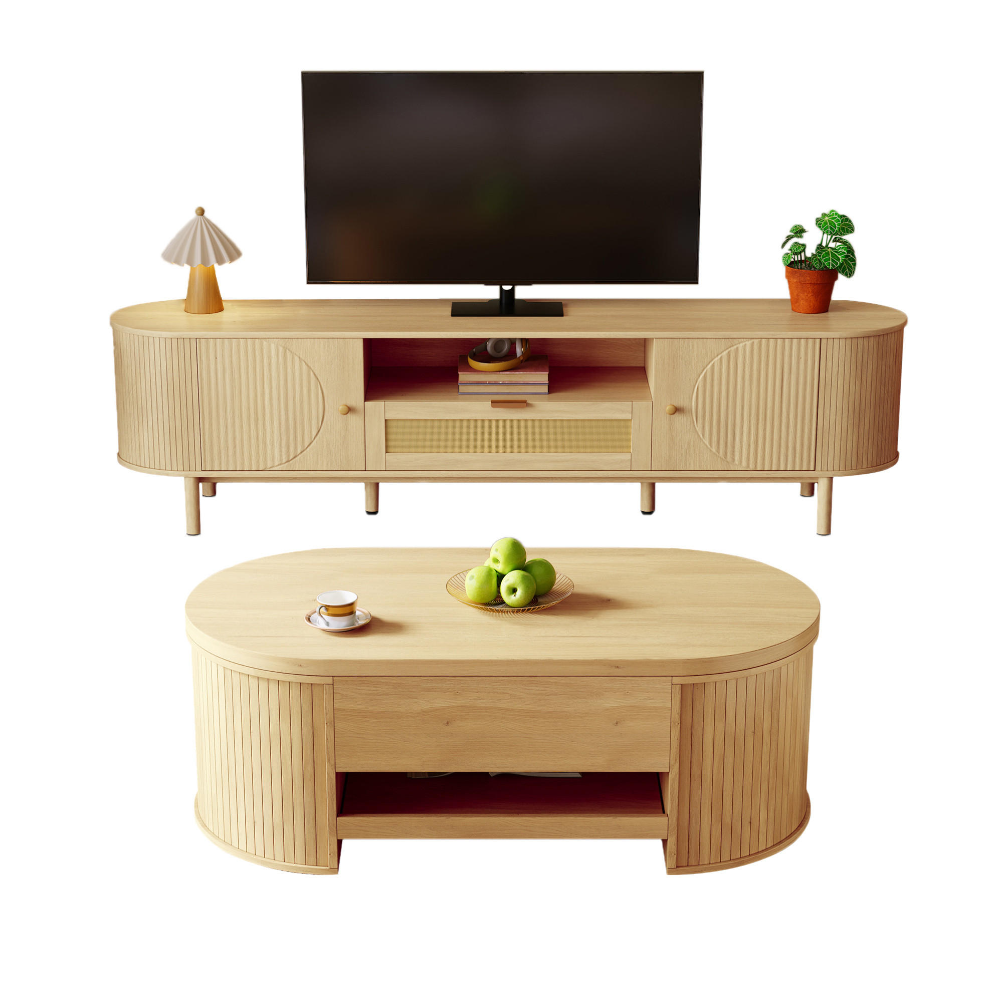 WOHNZIMMERMÖBEL-SET mit höhenverstellbarem Couchtisch und TV-Schrank Natural 2-tlg. - Braun, Holzwerkstoff (36/51/175.1cm) - Beauniv
