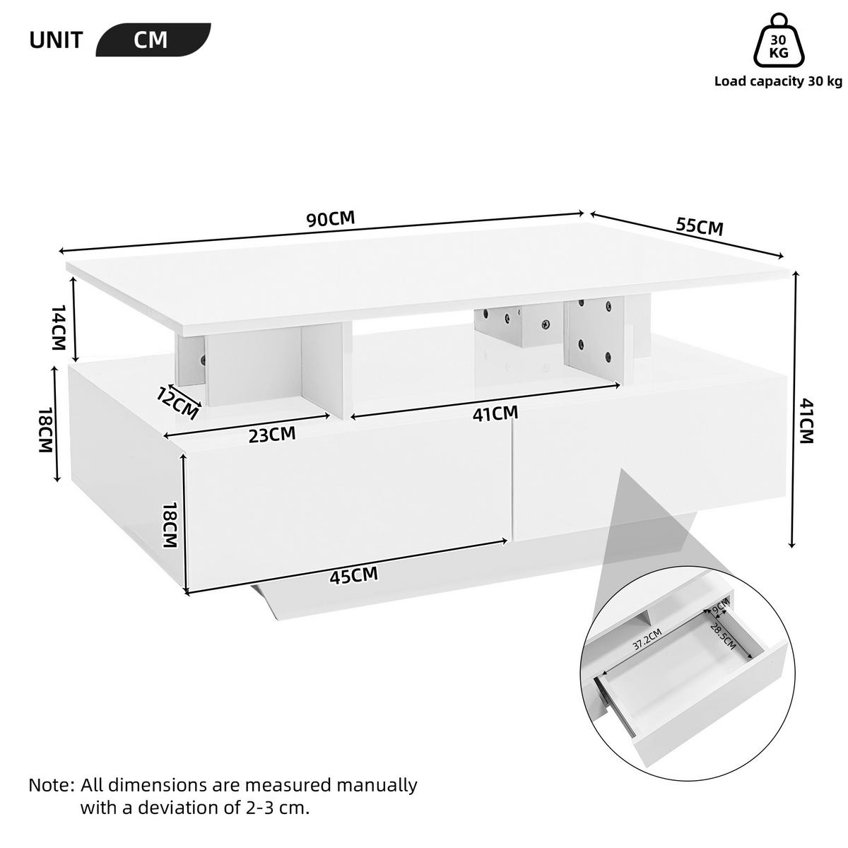 COUCHTISCH mit 2 Schubladen und LED 90x55x41 cm Hochglanz Weiß - Weiß, Holzwerkstoff (90/55/41cm) - Meubliv