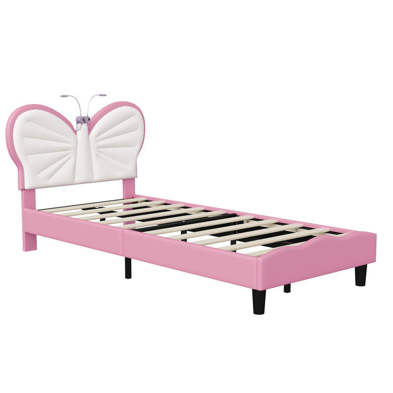 KINDERBETT 90x200 cm, Samt, Weiß und Rosa, mit LED-Leselampe und Lattenrost, Schmetterlings-Kopfteil - Rosa, Holz (90/200cm) - WoodenAura