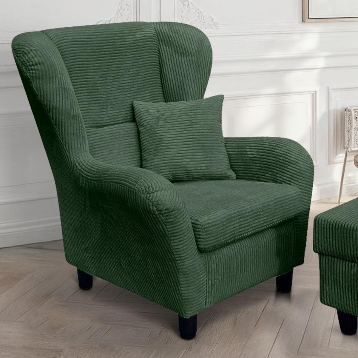 OHRENSESSEL mit HOCKER, hoher Sitzkomfort durch Wellenunterfederung B90/H98/T76 cm, Cord Dunkel-Grün / 18018 - Schwarz/Grün, Holz/Textil (90/98/76cm) - luma-home