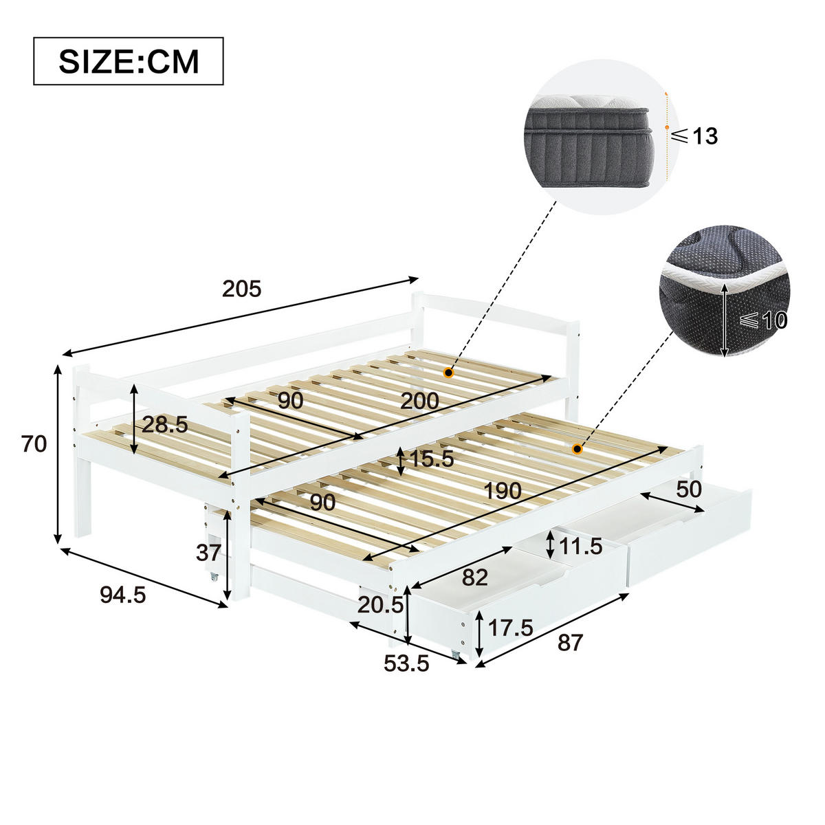 POLSTERBETT 200/90 cm Weiß mit ausziehbarem Rollbett und 2 Schubladen aus Kiefernholz - Weiß, Holzwerkstoff (90/200cm) - OKWISH