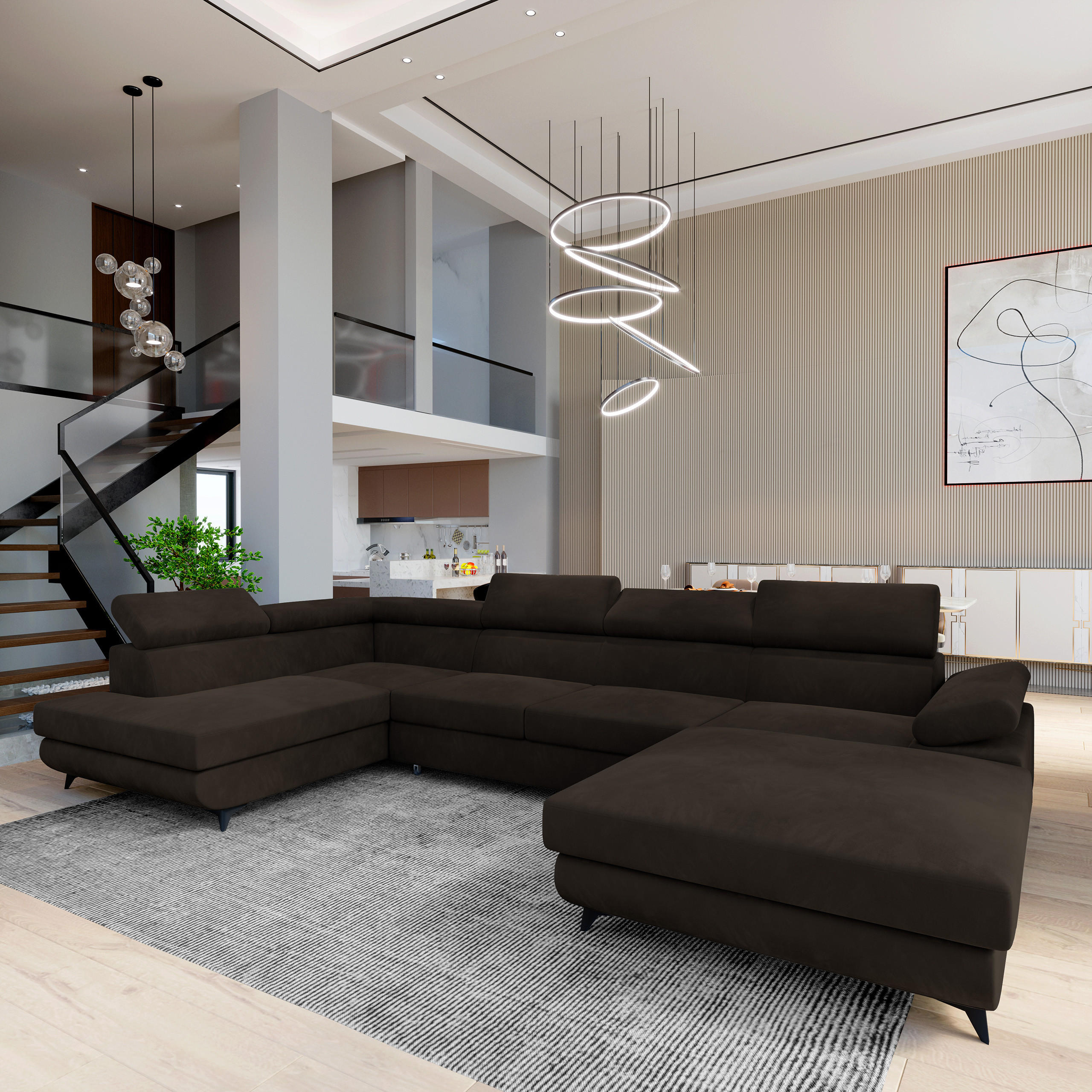 WOHNLANDSCHAFT RUBANO L-S Braun Velours-Stoff mit Schlaffunktion - Braun, Holz (339/89/190cm) - MASSENO