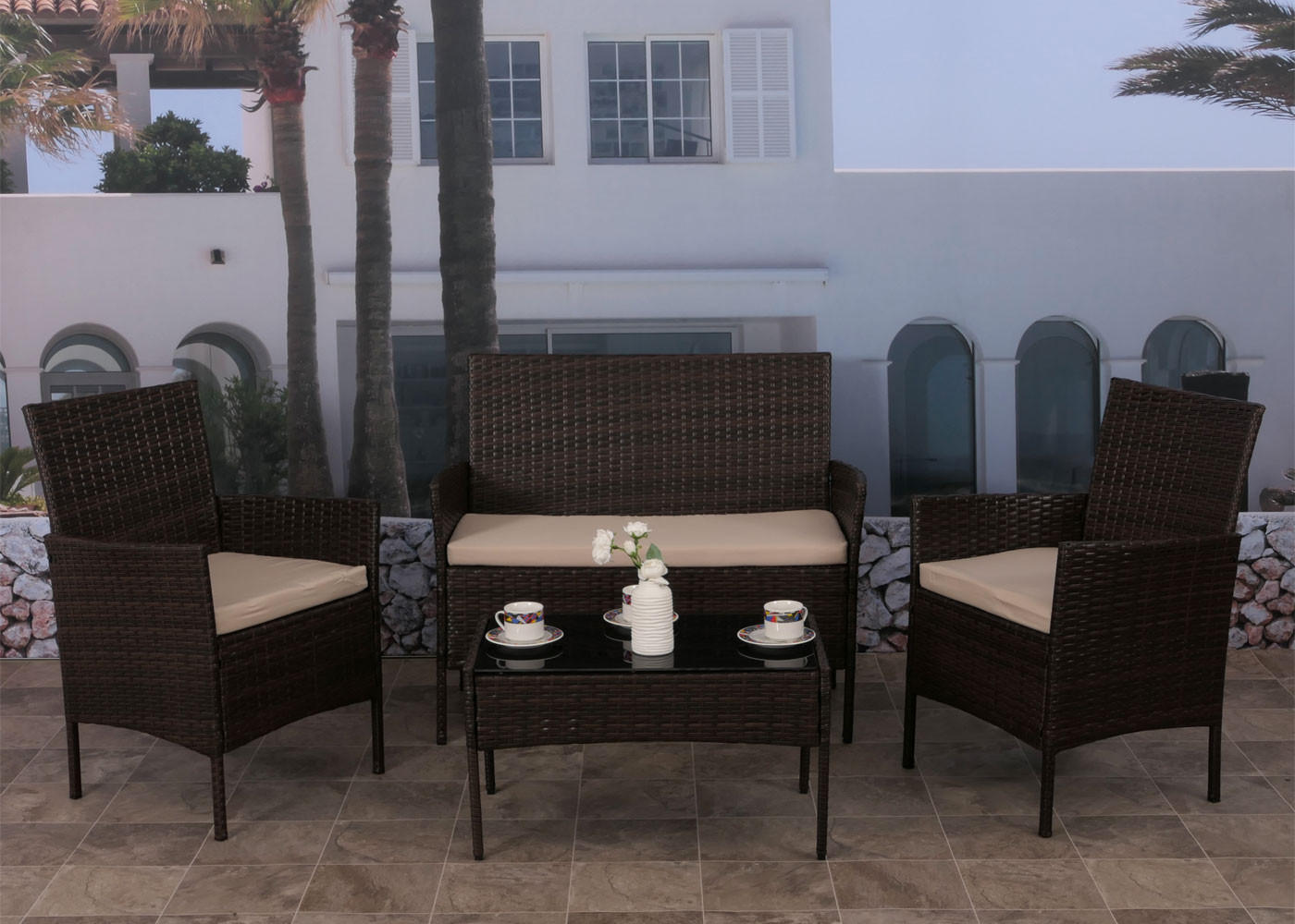 GARTEN-GARNITUR Braun, Cremeweiß - Braun/Weiß, Kunststoff - MCW