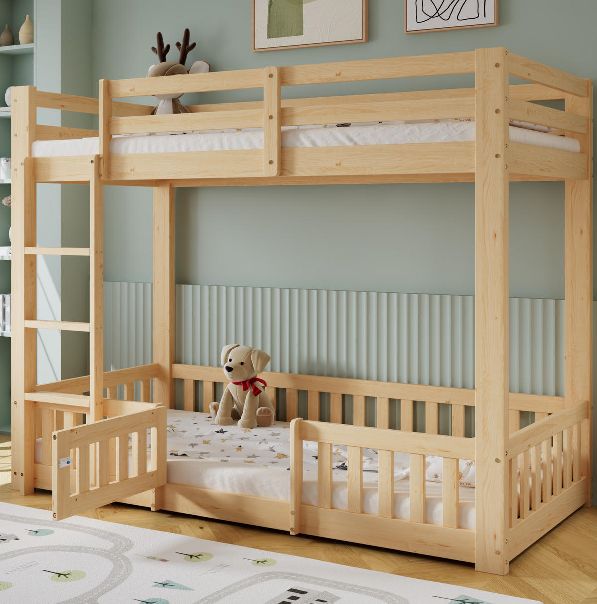 ETAGENBETT 90/200 cm aus Kiefern mit rechtwinkliger Treppe, Tür und freiem Raum darunter, Natur - Naturfarben, Holzwerkstoff (90/200cm) - Redom