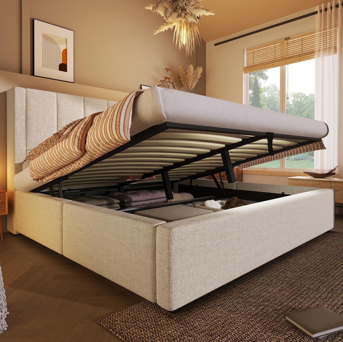 POLSTERBETT mit Bettkasten 140/200 cm in Beige mit Ladestation und Kopfteil - Beige, Textil (140/200cm) - BEAOK