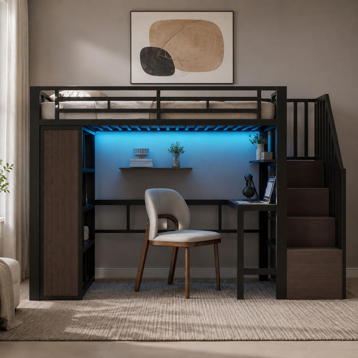 HOCHBETT 90/200 mit LED, Schreibtisch und Stauraumtreppe in Schwarz - Schwarz, Holzwerkstoff/Metall (90/200cm) - EVRYAE
