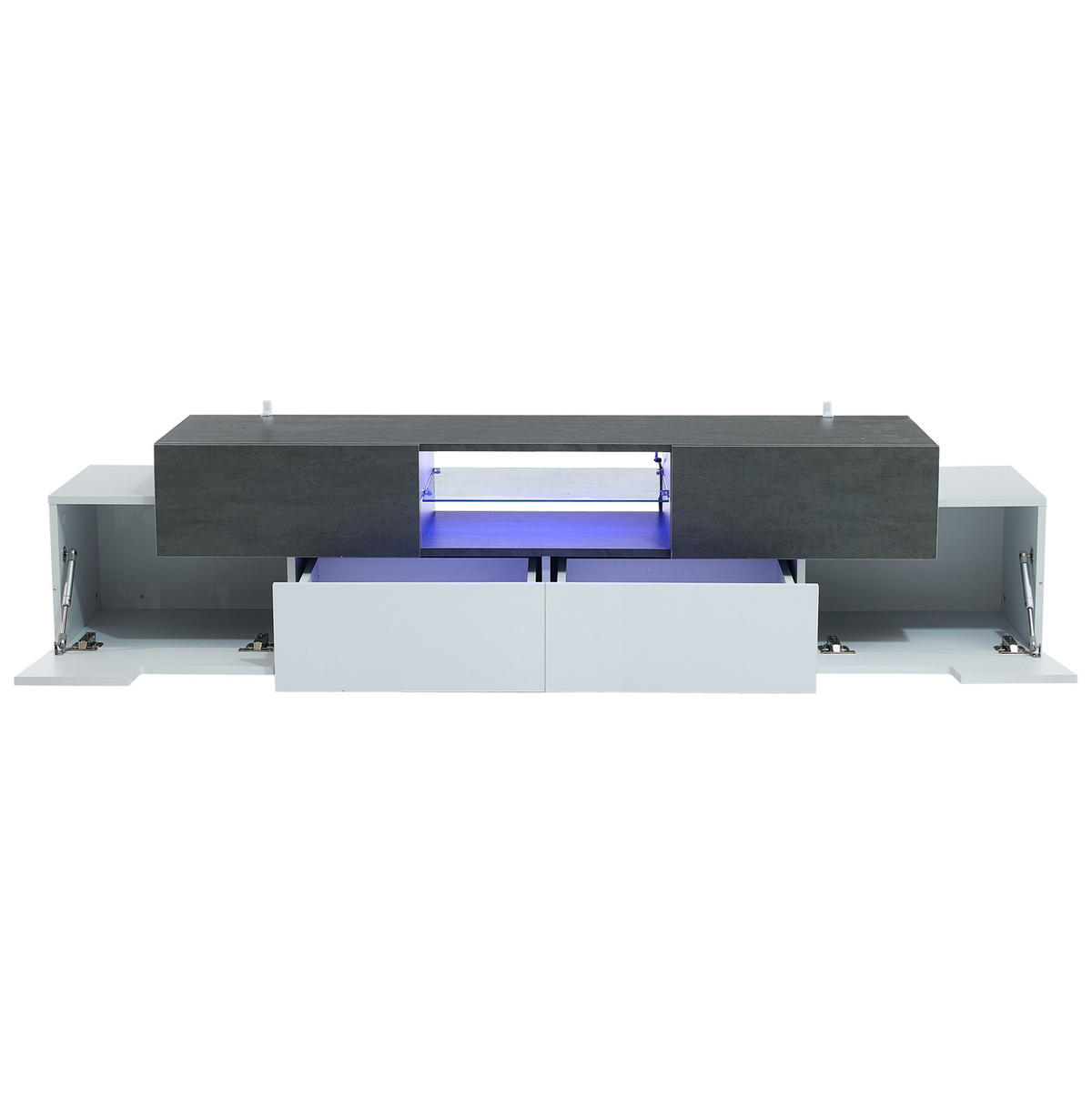 TV-LOWBOARD aus Spanplatte 180x40x45 cm Weiß/Grau mit RGB-LED-Beleuchtung, Glasablagen und viel Stauraum - Weiß, Holzwerkstoff (180/45/40cm) - Modfu