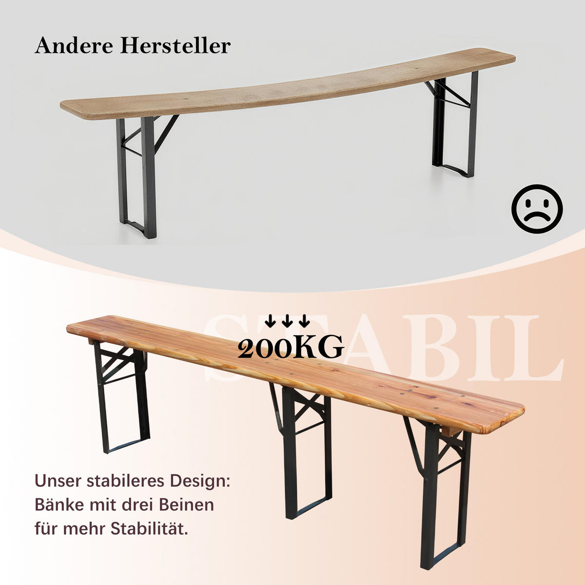 BIERGARNITUR 177x46x78cm braun aus Kiefer-Massivholz, klappbar - Braun, Metall - Modfu