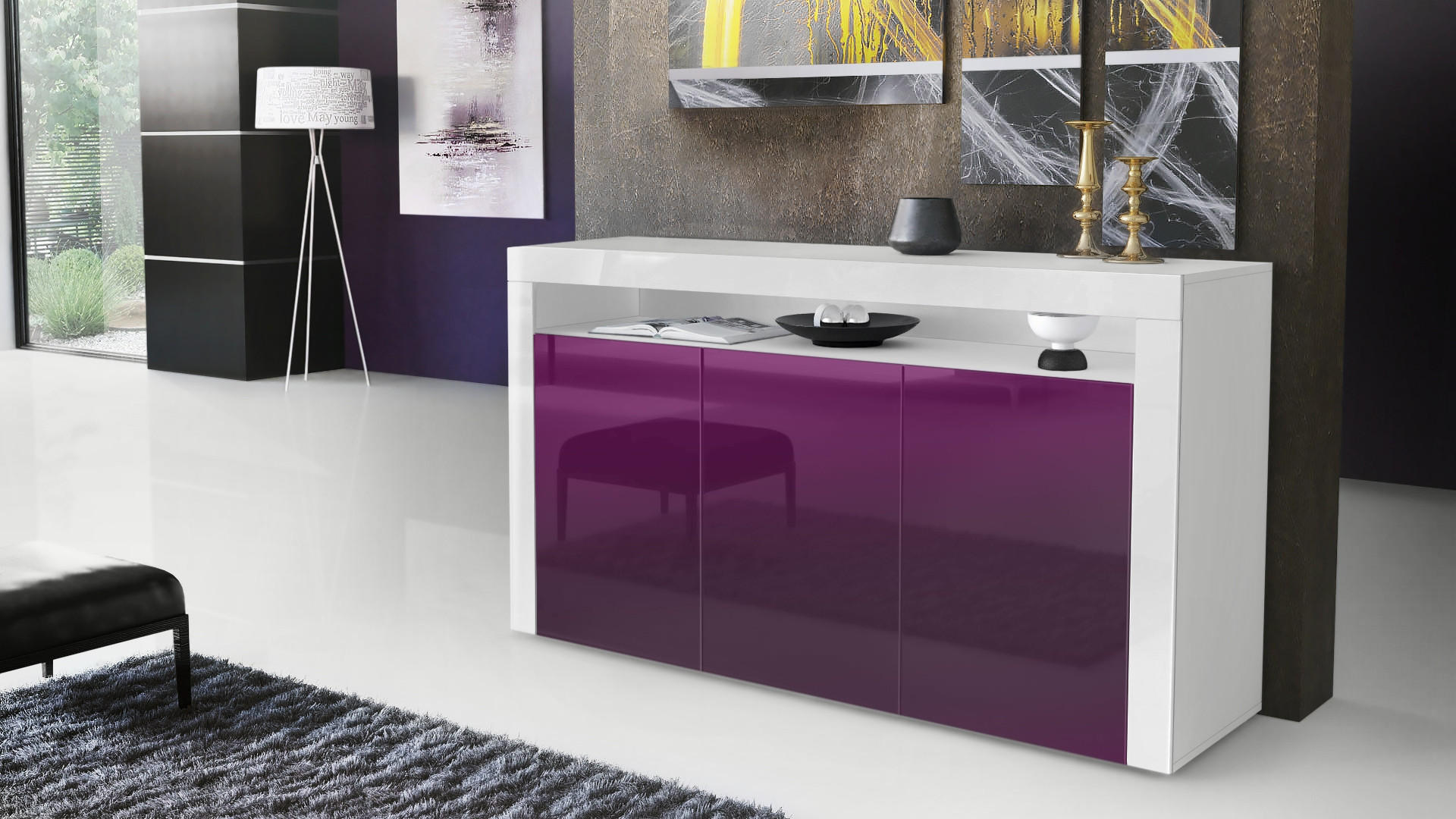 SIDEBOARD Valencia Brombeer Hochglanz / Weiß Hochglanz - Brombeere, Holzwerkstoff (155/92/40cm) - Vladon
