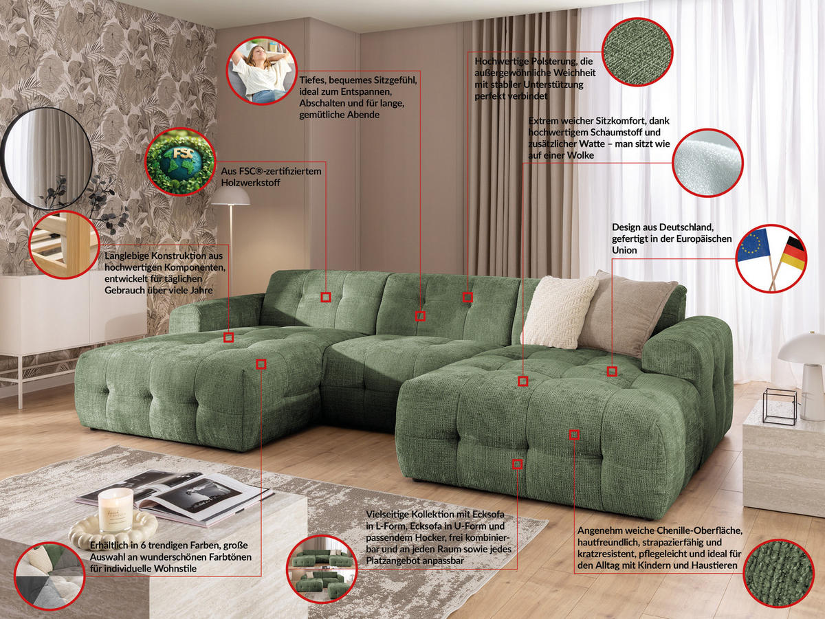 WOHNLANDSCHAFT Kozy im Bumpy-Design mit fester Rückenlehne aus weichem Grün Chenille-Stoff - Schwarz/Grün, Holz/Kunststoff (323/79/161cm) - S-Style Möbel