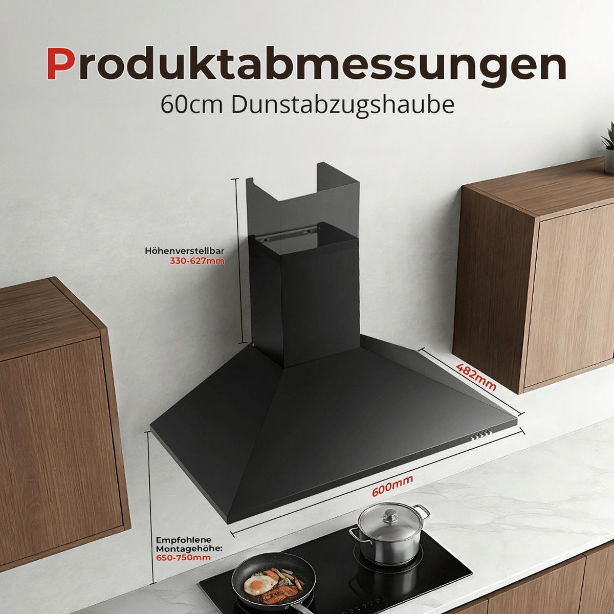 DUNSTABZUGSHAUBE Wandmontage, ABLUFT UND UMLUFT, Edelstahl Silberfarben, Für Die Küche, 60 cm - Schwarz, Metall (25.22/56.71/65.81cm) - Rolipo