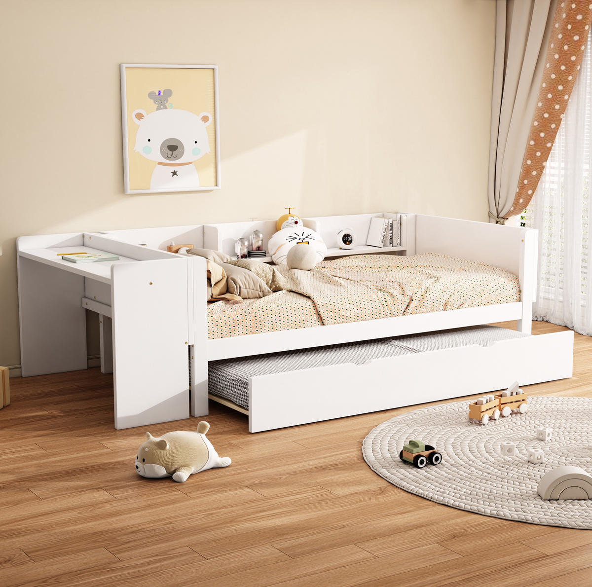 KINDERBETT 90/200 cm in Weiß mit Rollbett, Schreibtisch und Regalen - Weiß, Holzwerkstoff (90/200cm) - BEAOK