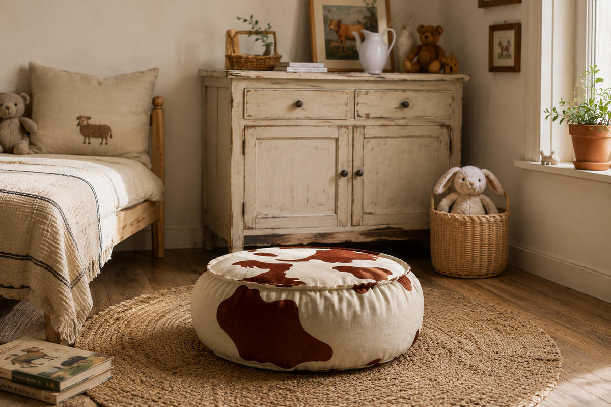 KINDER Sitzpouf Kuhmuster rund – weiches Kissen fürs Kinderzimmer - Creme/Braun, Textil (65/30/65cm) - Bees & Blooms