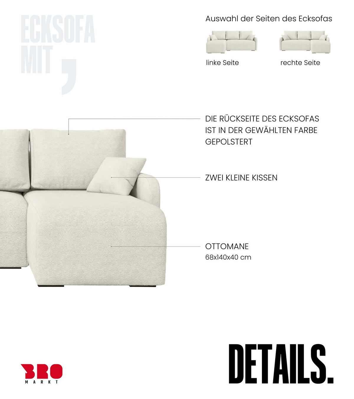 ECKSOFA Malen mit Schlaffunktion Beige Bouclé - Weiß, Textil (215/141cm) - Bromarkt