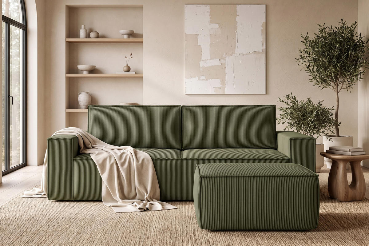 SITZPOUF NAPI gefederte Sitzfläche, grün - Schwarz/Olivgrün, Textil (83/45/83cm) - KONSIMO®