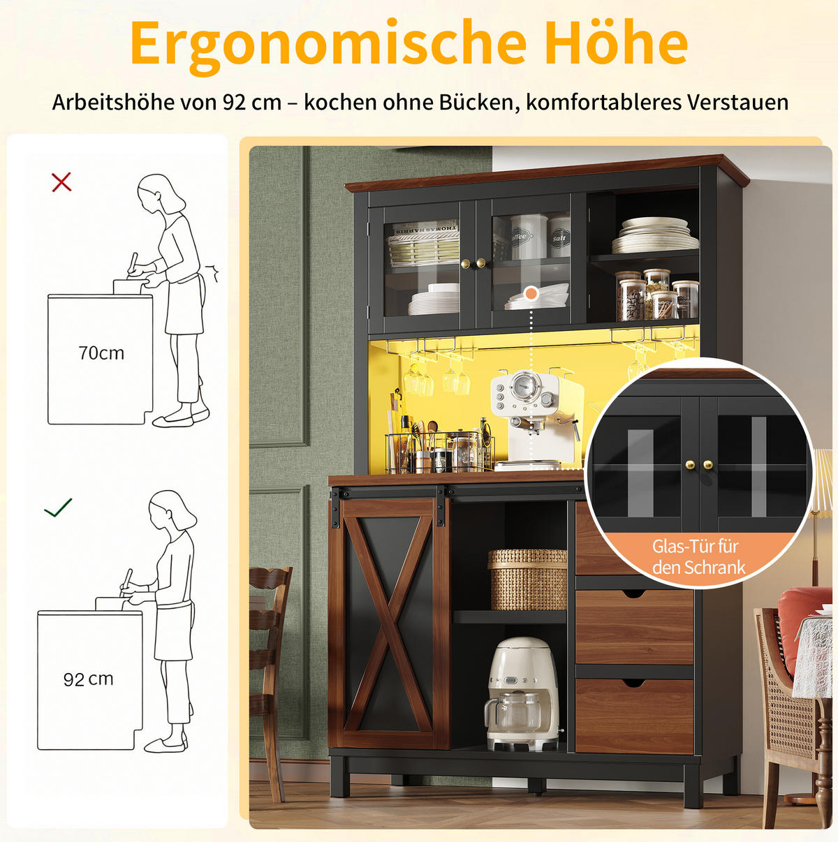 HOCHSCHRANK 104/40/180 cm mit LED-Beleuchtung, Schiebetür und verstellbaren Einlegeböden, Glasfront aus MDF/Metall, Schwarz - Schwarz, Glas (104/180/40cm) - Redom