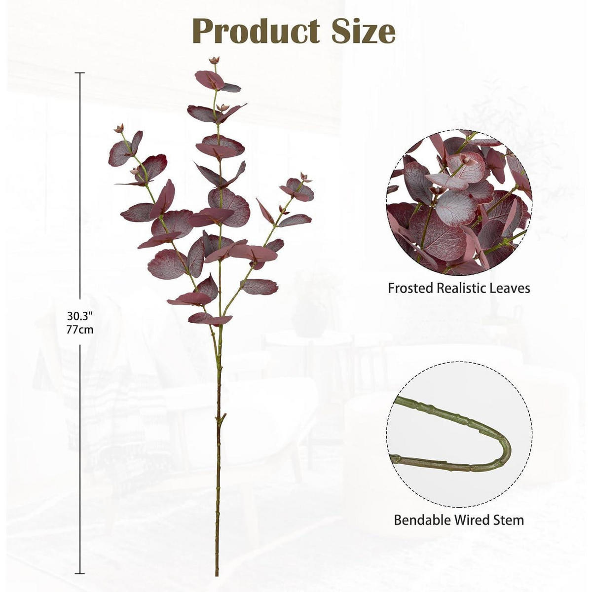 KUNSTZWEIG Eukalyptus 5er Set 73 cm - Bordeaux, Kunststoff (40cm)