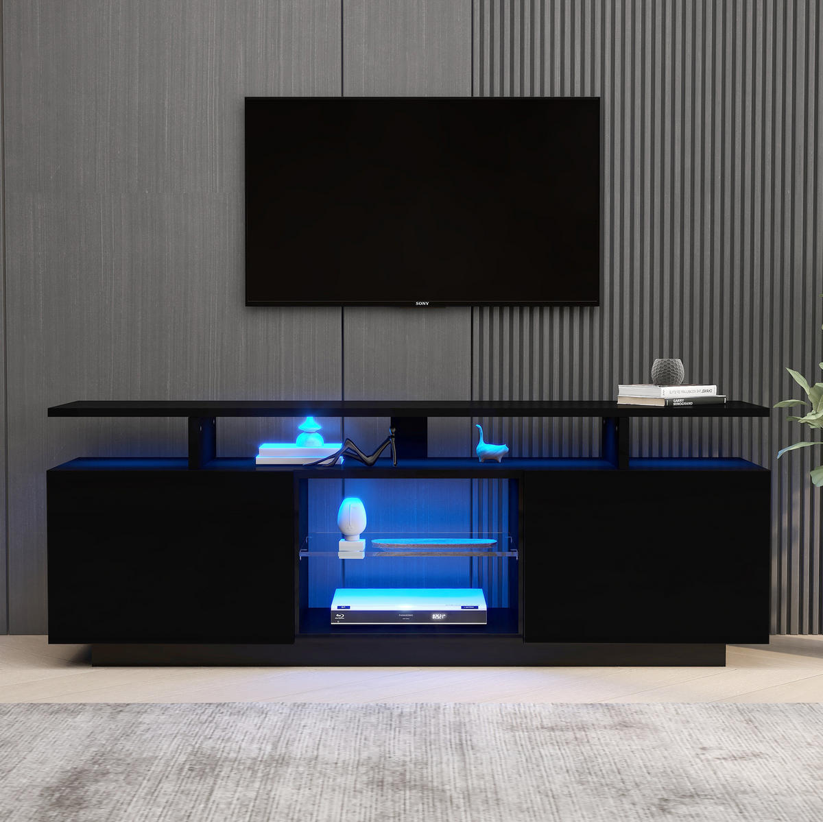 TV-SCHRANK mit LED-Beleuchtung 140 cm Schwarz Hochglanz - Schwarz, Holzwerkstoff (35/55/140cm) - Beauniv