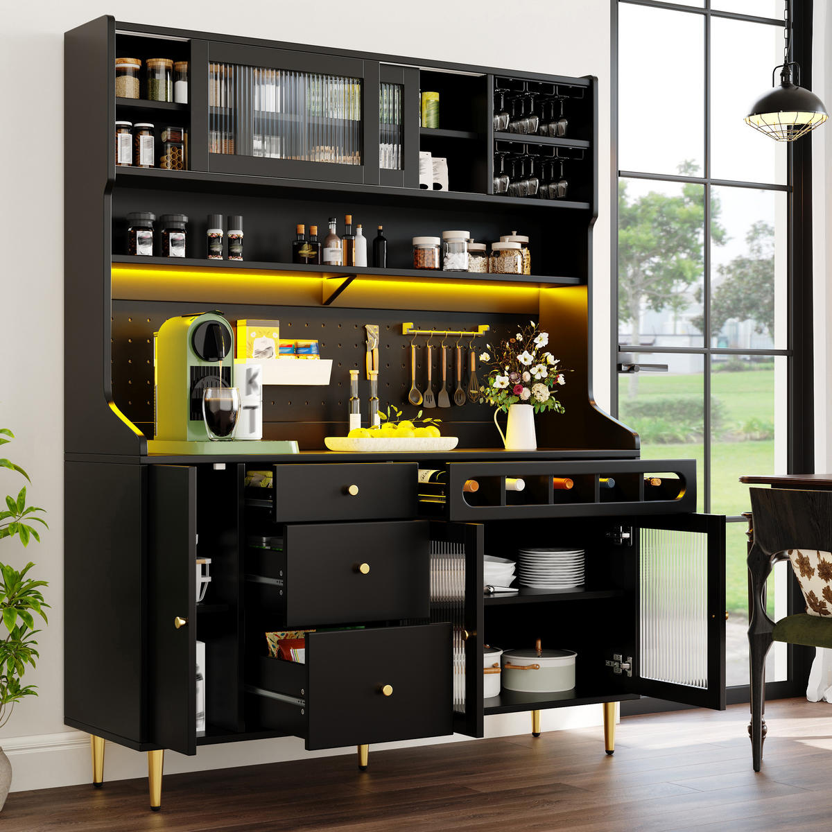 KÜCHENSCHRANK in Schwarz mit LED, verstellbaren Böden, Schublade und Weinregal für Esszimmer,B145/T39/H171cm - Goldfarben/Schwarz, Glas/Holzwerkstoff (145/171/39cm) - STILVORA