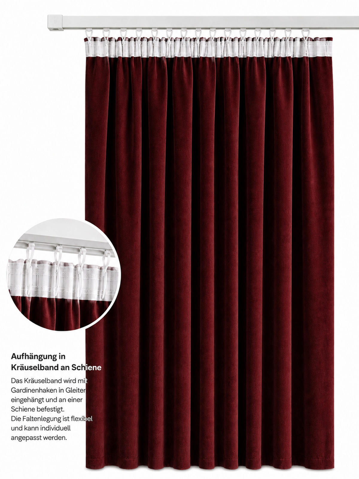 VORHANG Kräuselband Samt 140/245 cm Bordeaux - Bordeaux, Textil (140/245/245cm) - TiborTex