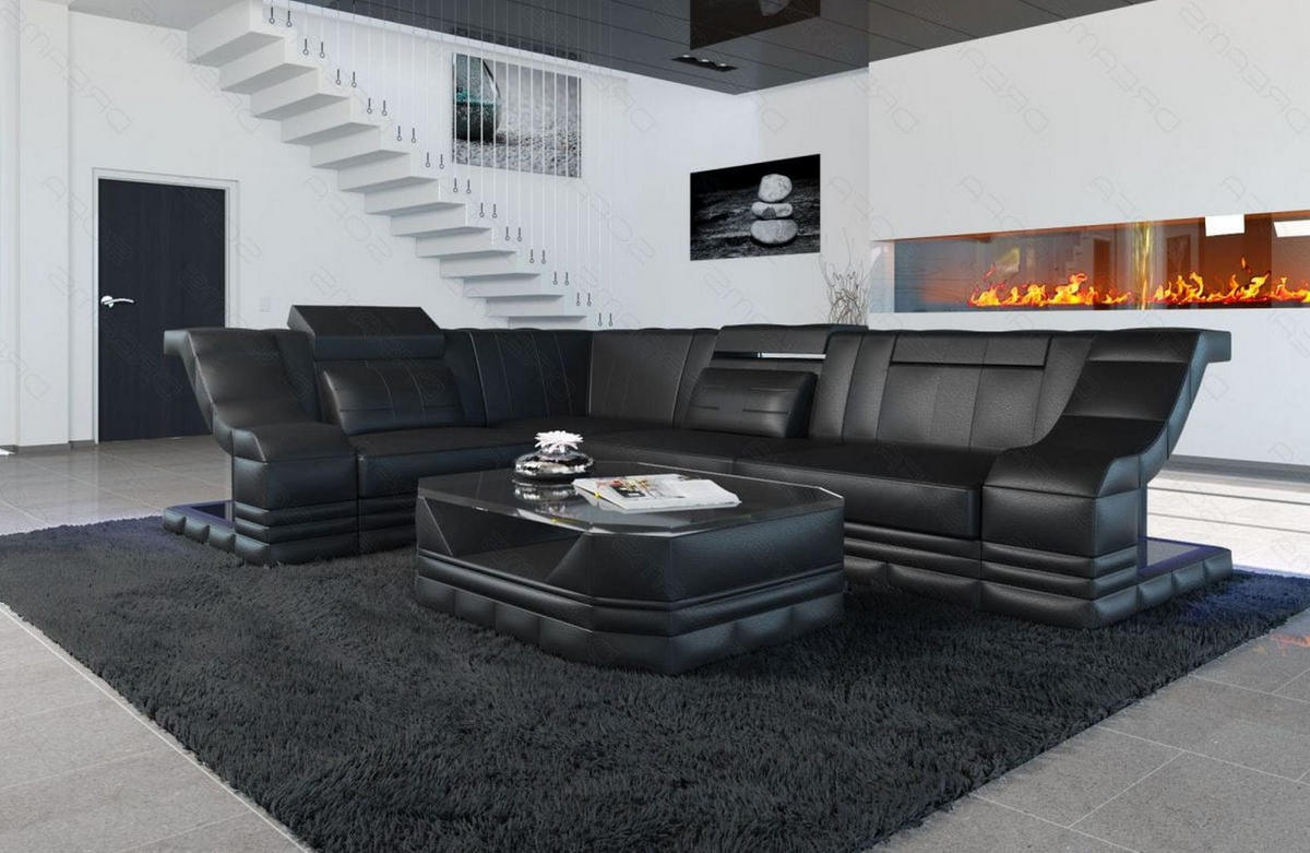 COUCH Bianchi Schwarz Echtleder - Schwarz, Leder (271/196cm)