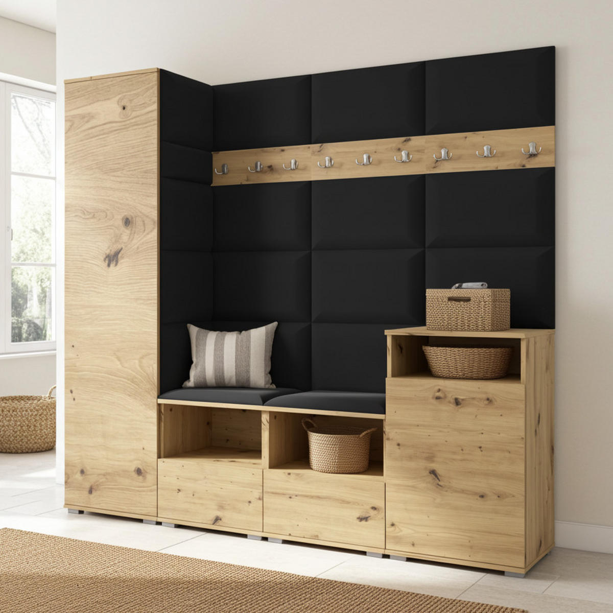 GARDEROBE NELA X 200 cm (Modulare Flurmöbel Artisan Eiche mit Sitzpolster Schwarz 16 Schrank + Sideboard) - Silberfarben/Schwarz, Holz/Holzwerkstoff (200/187/40cm) - Ravio