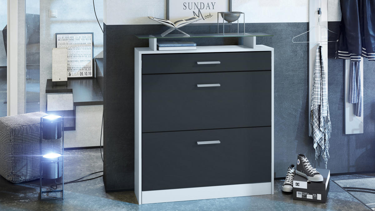 SCHUHSCHRANK Loret Front in Schwarz matt - Schwarz, Holzwerkstoff (89/104/23cm) - Vladon