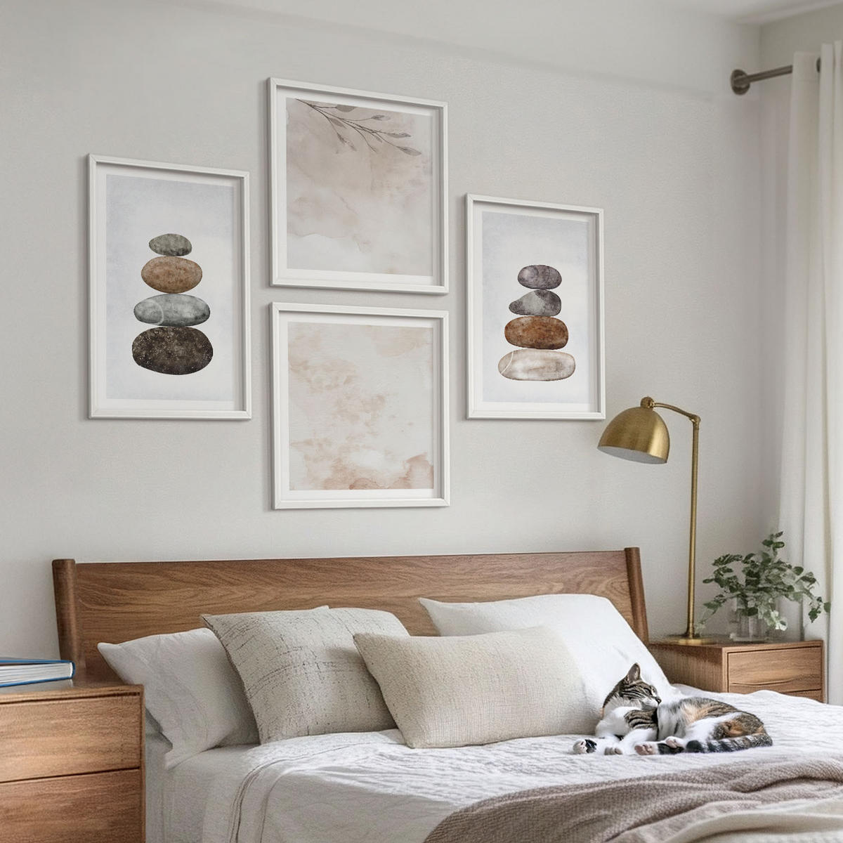 WANDBILDER 4er-Set - 50x50 cm & 40x60 cm Weißer Rahmen - Steinstapel-Boho-Malerei - Weiß, Kunststoff (50/50cm) - ArtPrintCave