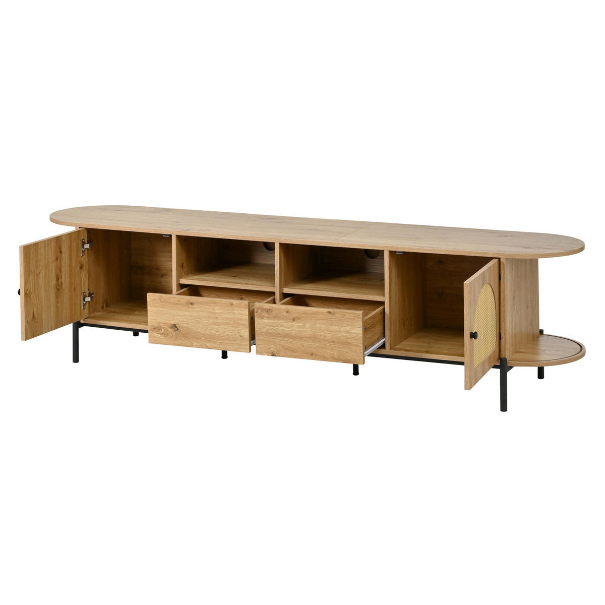 TV-LOWBOARD oval 200 x 40 x 49,5 cm aus MDF, Rattanoptik, Schiebetüren, Schubladen, Natur - Naturfarben, Holzwerkstoff (200/49/40cm)