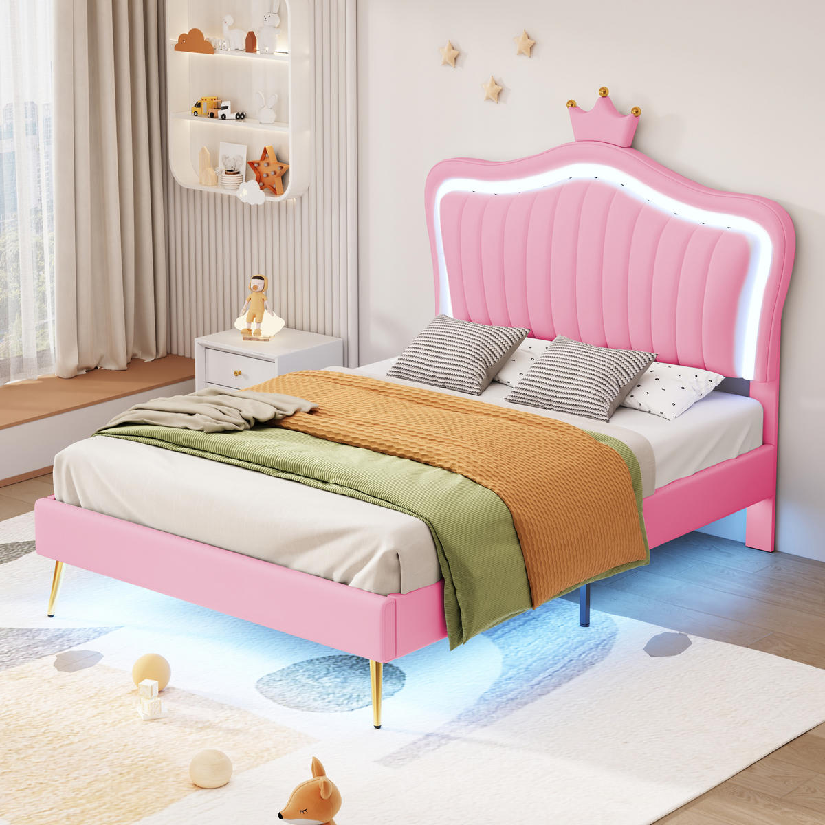 KINDERBETT 90/200 cm Rosa Polsterbett mit LED-Beleuchtung und Kronen-Design - Pink, Textil (90/200cm) - OKWISH