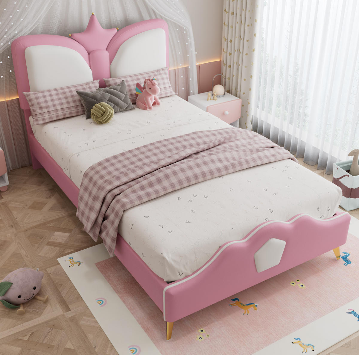 POLSTERBETT 90/200 cm in Rosa/Weiß mit Kronen-Kopfteil und weicher Polsterung - Rosa, Kunststoff (90/200cm) - Flora Grace