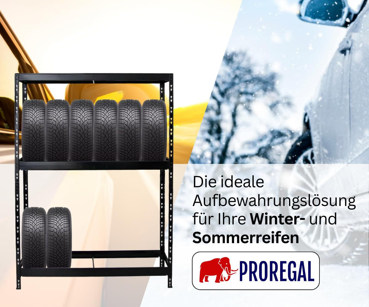 REIFENREGAL Tiger 180x130x50 cm bis zu 12 Reifen auf 2 Ebenen + Ablage Schwarz - Schwarz, Metall (130/180/50cm) - PROREGAL