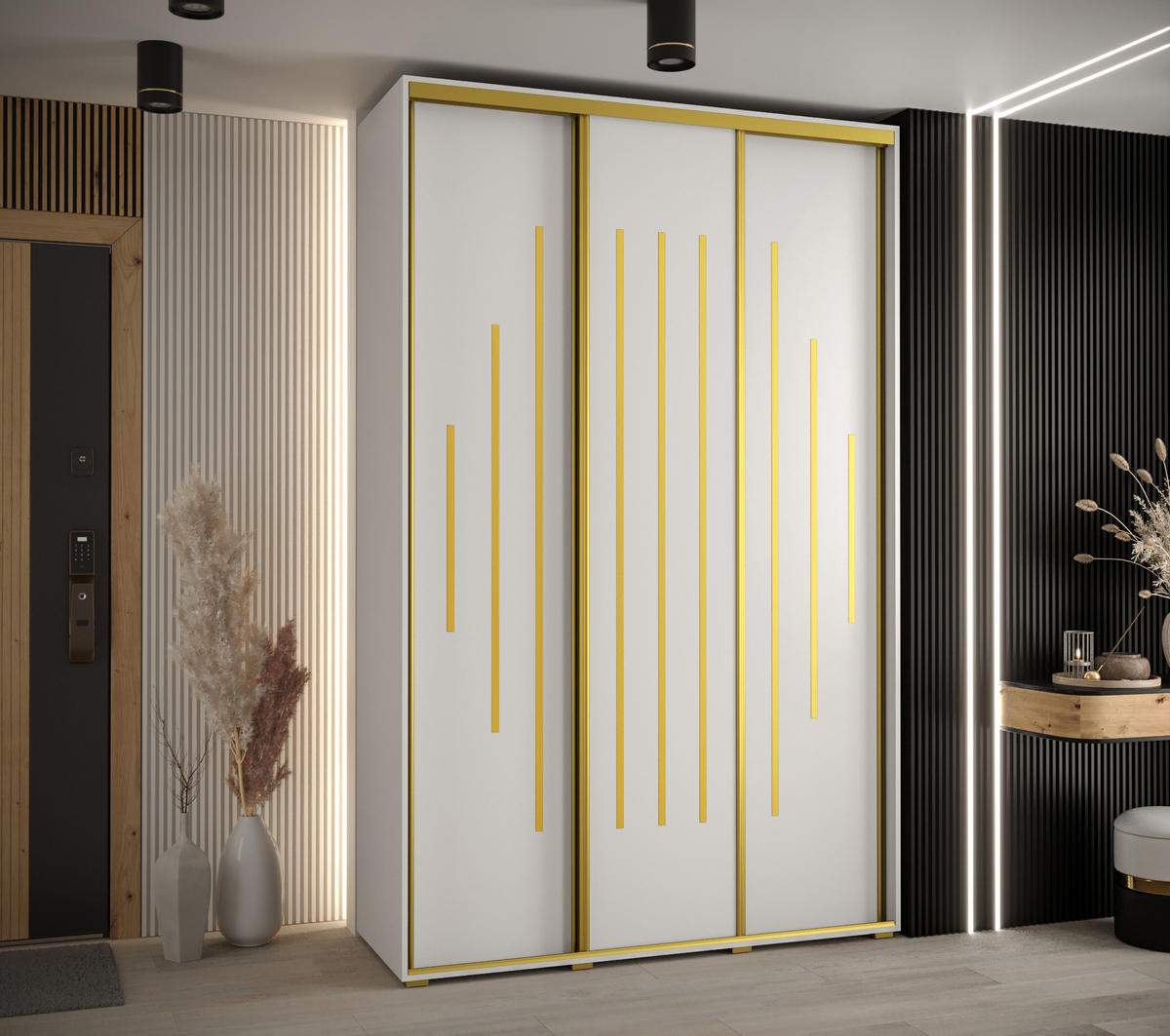 SCHWEBETÜRENSCHRANK 235,2/150/45 3-türig - Goldfarben/Weiß, Holz/Metall (150/235/45cm) - Abiks Möbel