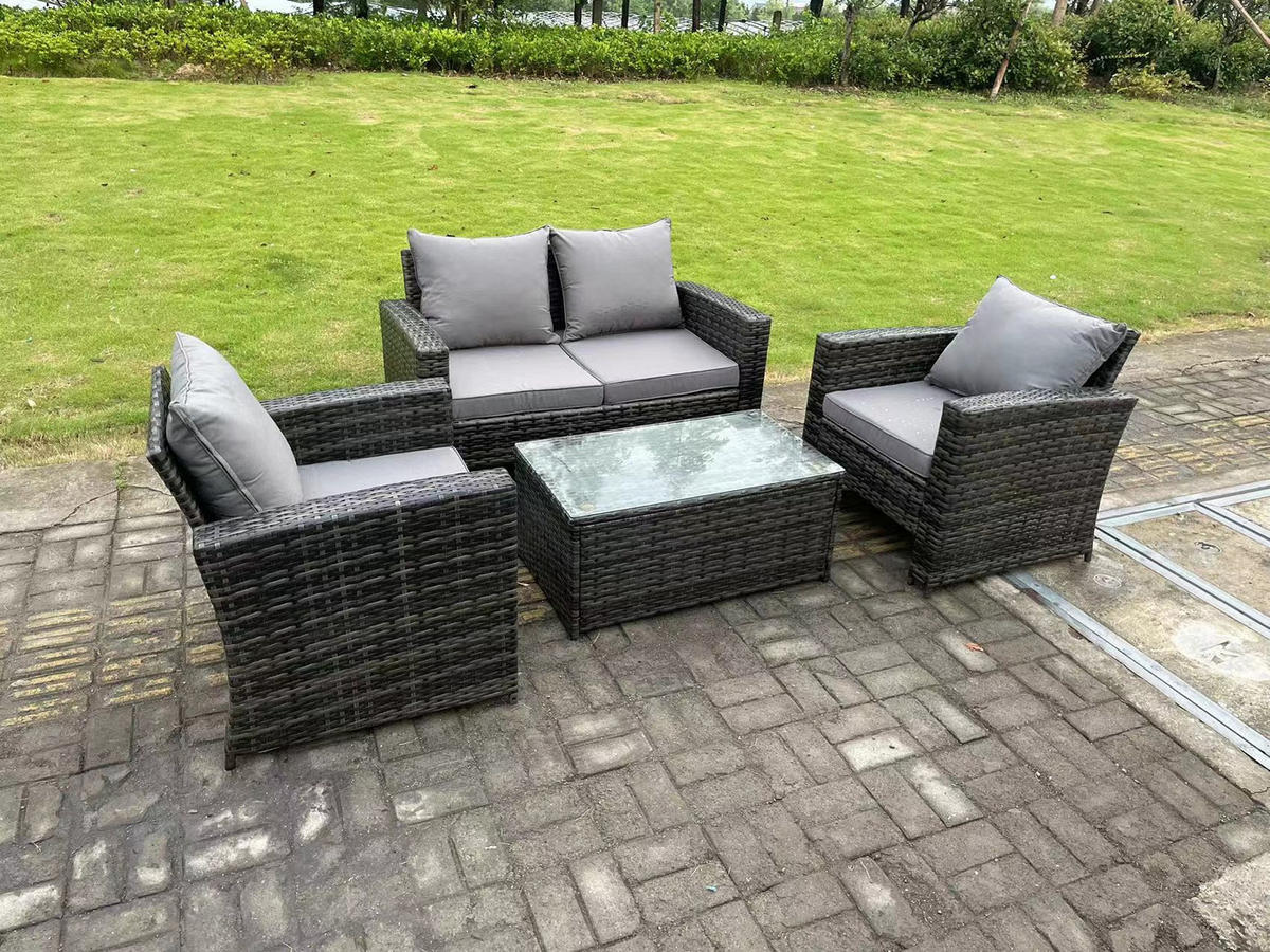GARTENMÖBEL-SET mit Couchtisch Polyrattan Dunkelgrau 4-Sitzer - Dunkelgrau, Metall - Fimous