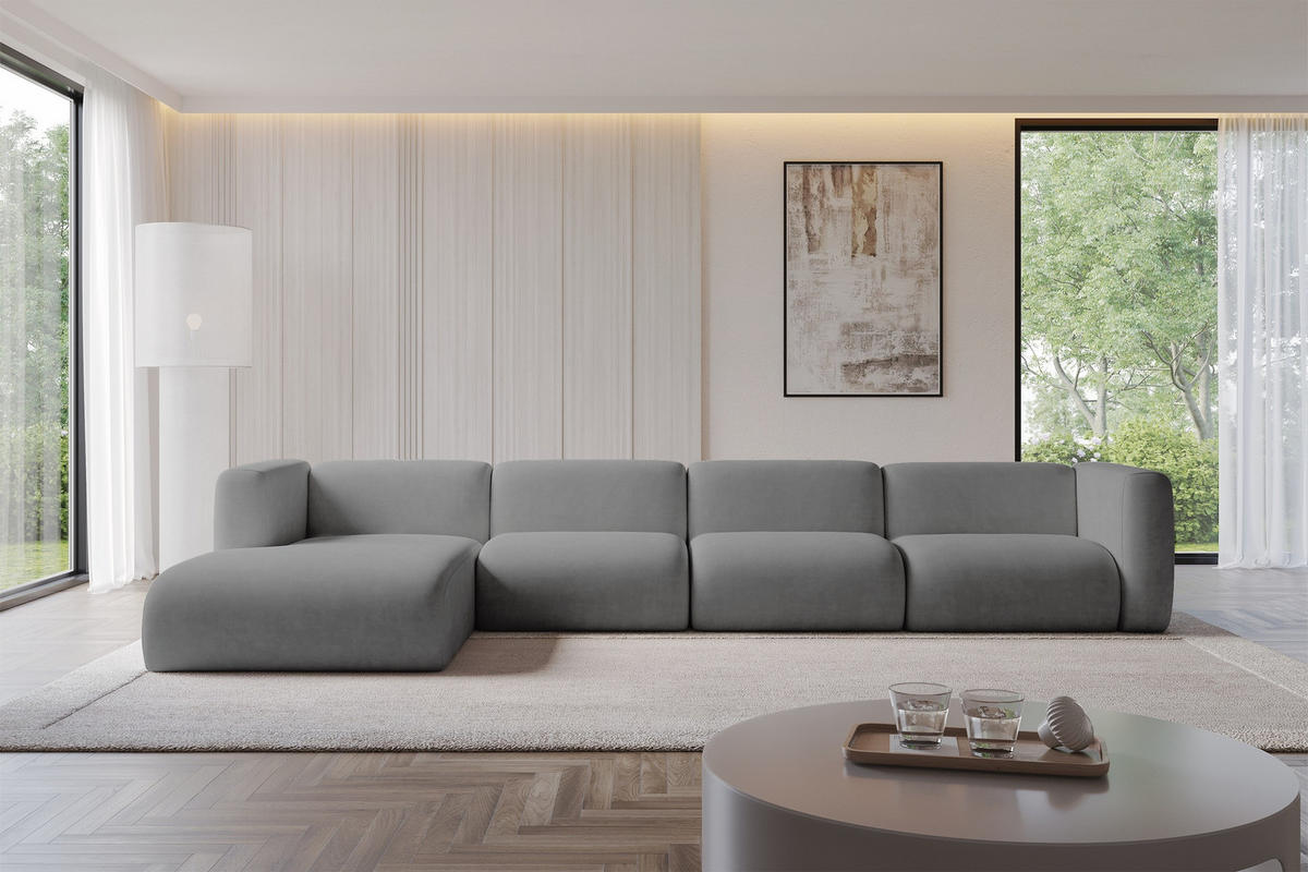 ECKSOFA Ottomane Links MIRA-L3 409x179x70 Grau Velours - Schieferfarben/Schwarz, Holzwerkstoff/Kunststoff (409/179cm) - ALTDECOR