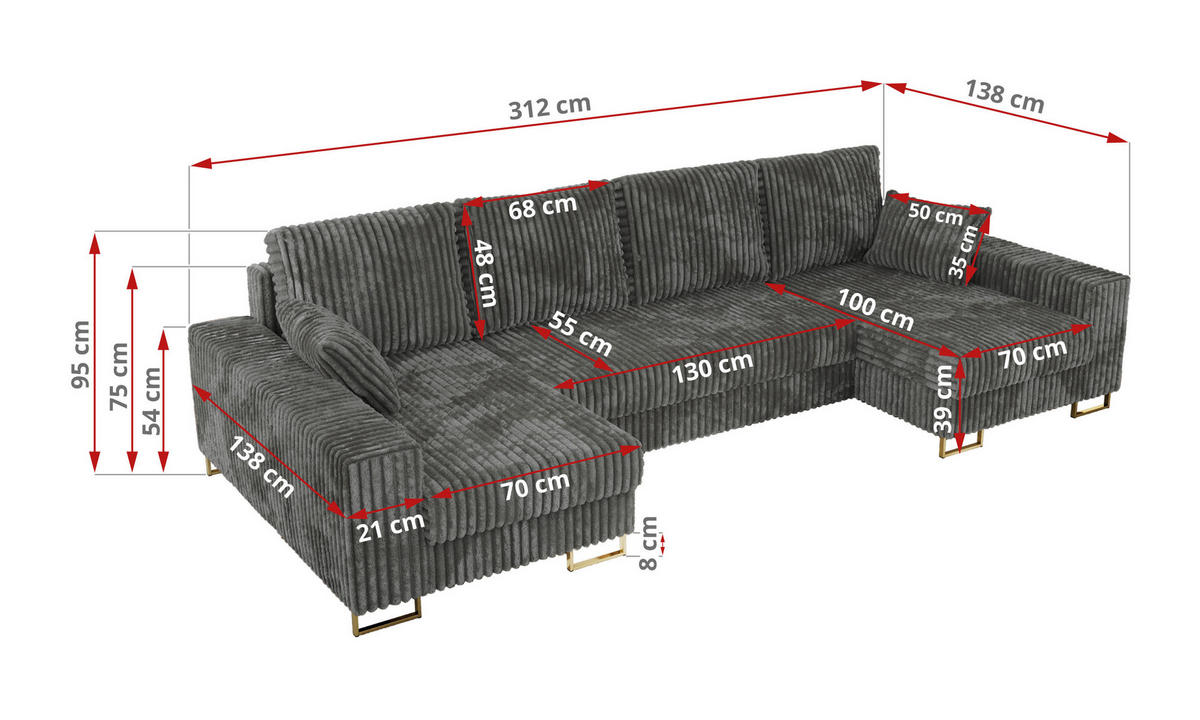WOHNLANDSCHAFT DORIAN U Cord Dunkelgrau - Dunkelgrau/Goldfarben, Textil/Metall (312/95/138cm) - MKS