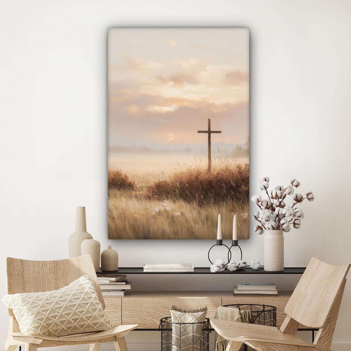 LEINWANDBILD Gras - Morgennebel - Kreuz - Christentum Deko Groß 90x140 cm - Beige, Textil (90/140cm) - MuchoWow